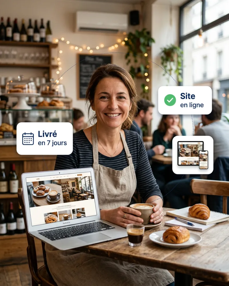 Une gérante de café sourit devant l'ordinateur affichant le site de son établissement ; des éléments graphiques indiquent « Livré en 7 jours » et « Site en ligne »