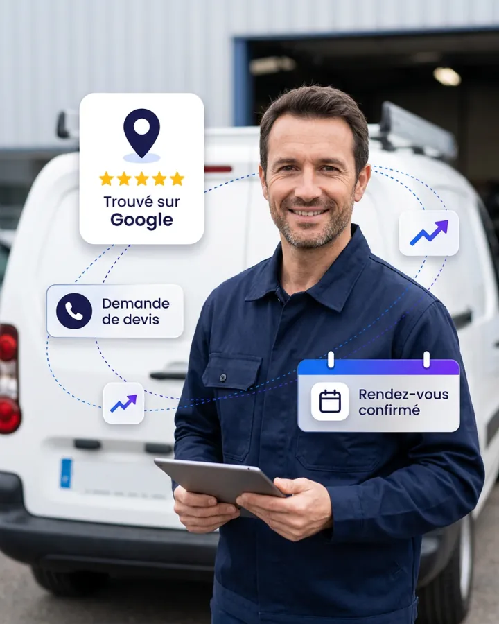 Un artisan devant sa camionnette avec une tablette ; des éléments graphiques affichent sa visibilité sur Google, une demande de devis et un rendez-vous confirmé