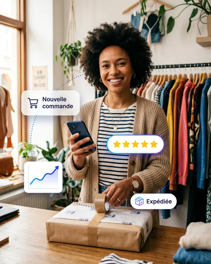 Une commerçante emballe un colis dans sa boutique de vêtements ; des éléments graphiques affichent une nouvelle commande, des avis cinq étoiles, une courbe de croissance et l'expédition