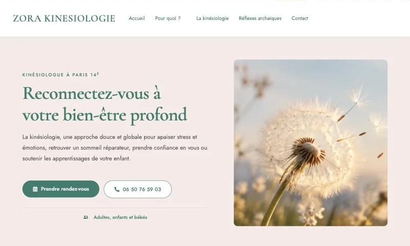 Page d'accueil du site de la kinésiologue Zora Kinésiologie à Paris 14e