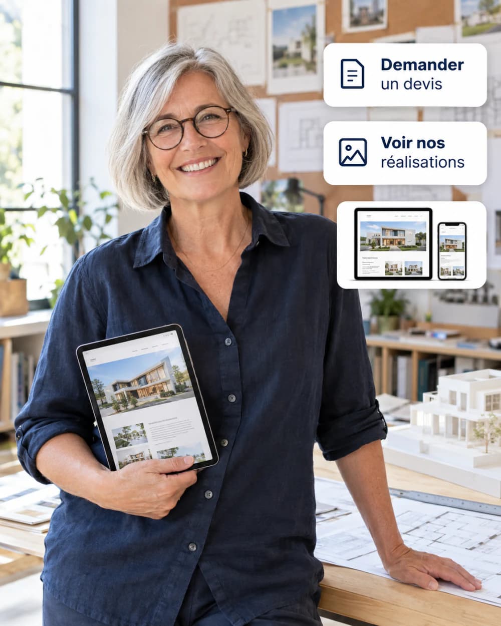 Une architecte souriante dans son agence, une tablette en main affichant le site de son cabinet, avec des cartes : demander un devis, voir nos réalisations et un aperçu de site web
