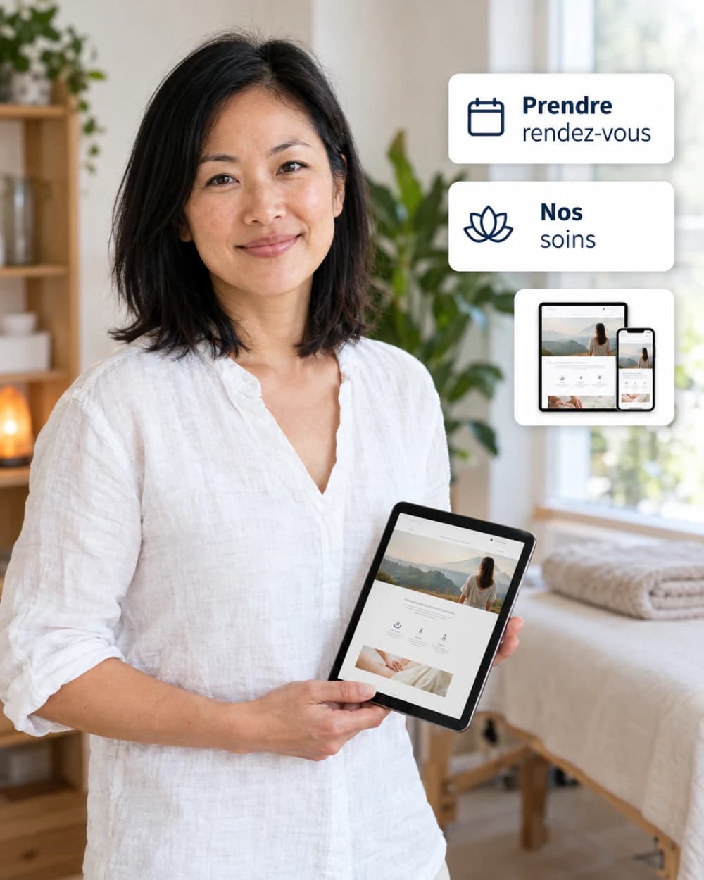 Une kinésiologue souriante dans son cabinet lumineux, une tablette en main affichant le site de son cabinet, avec des cartes : prendre rendez-vous, nos soins et un aperçu de site web